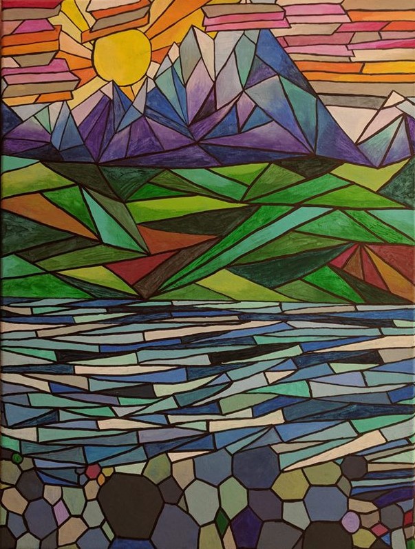 Iliamna Volcano painted in a stained glass style